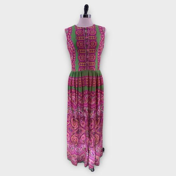 Vintage Paisley Print Maxi Dress Pink Green Glitter Boho 70s Slim Aarons Size M - Picture 9 of 9